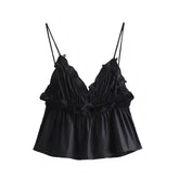 Black Bow Ruffle Trim V-Neck Spaghetti Strap Backless Tank Top